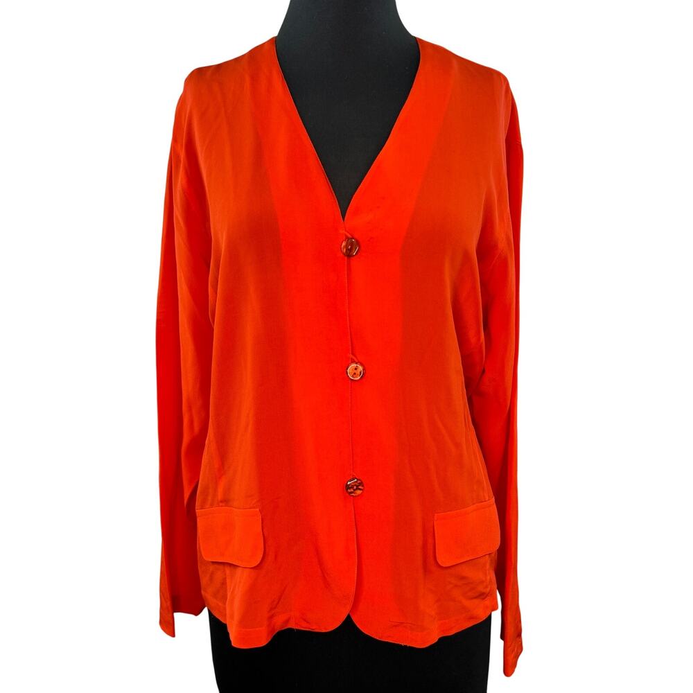 Vintage Silk Land Orange Blazer Blouse V-Neck Drop Shoulder Button-Up Size 12